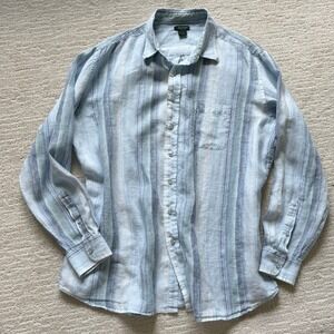 Marshall Fields XL 100% Linen Blue Stripe LS Button Shirt Nautical Coast Resort